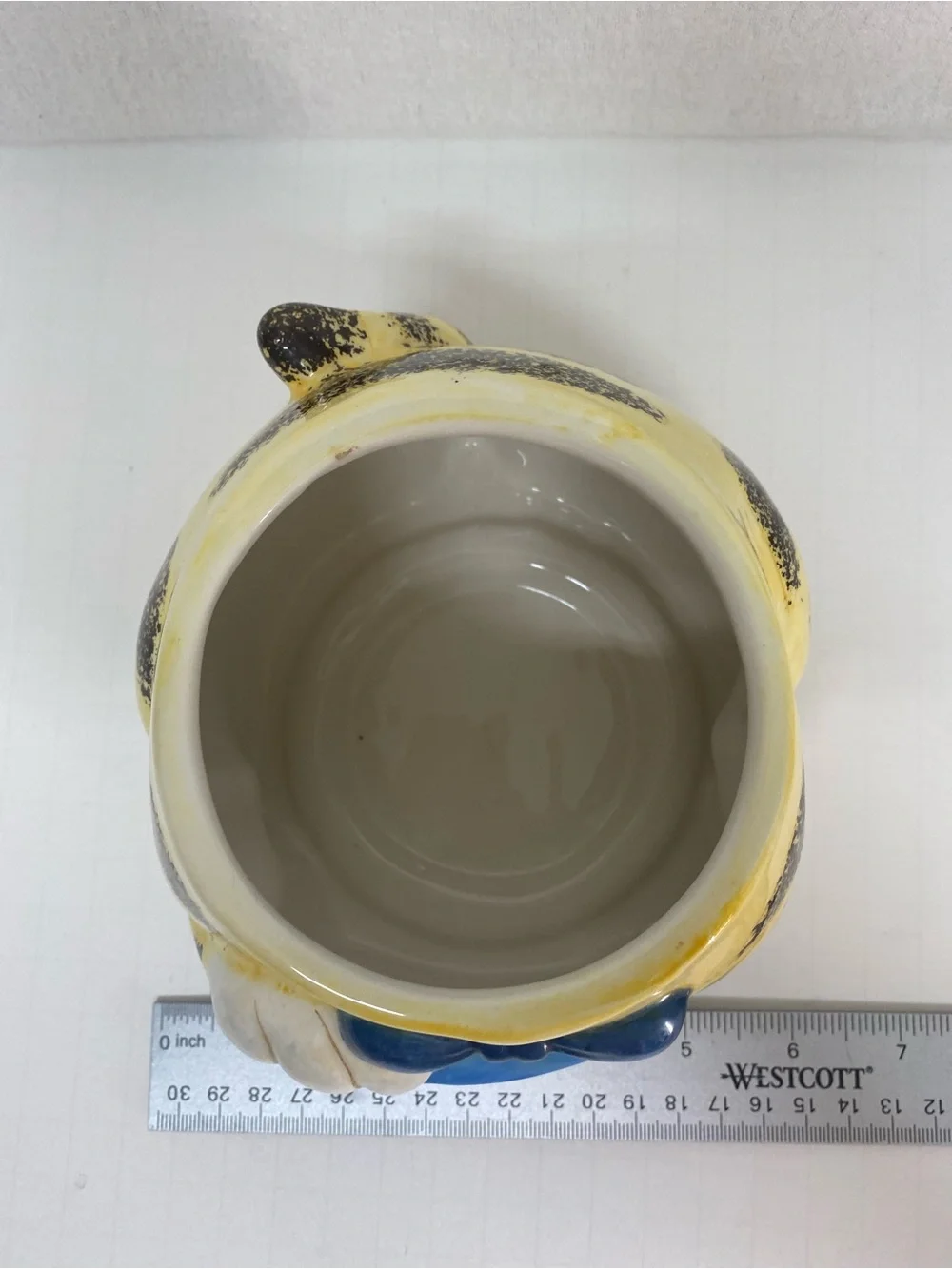 BHP@ NY Ceramic Yellow Striped Cat Treat Jar with Lid Blue Bow Whimsical Decor